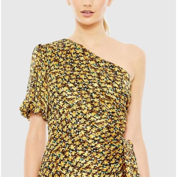 NWT Ieena for Mac Duggal Floral Print Draped One Sleeve Ruffled Hem Dress - Picture 5 of 8